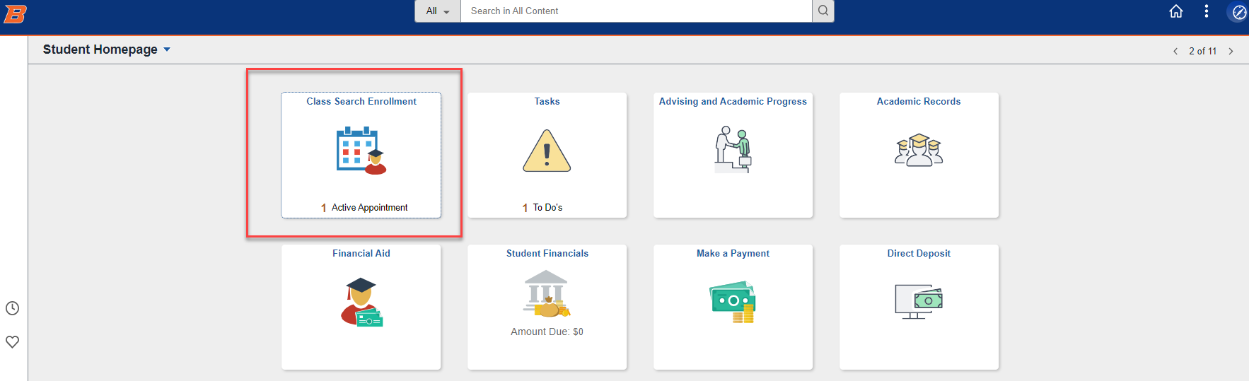 screenshot of the student homepage with the class search enrollment tile highlighted
