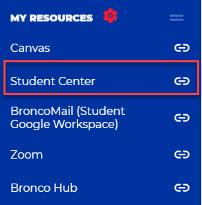 screenshot of my resources, student center is highlighted