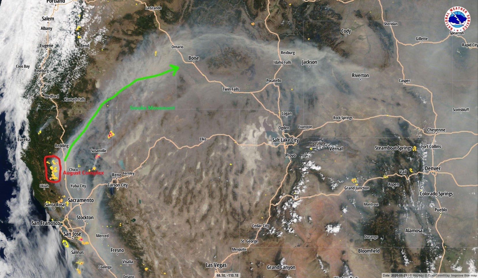 Satellite image of smoke from California wildfires travelling across Idaho.