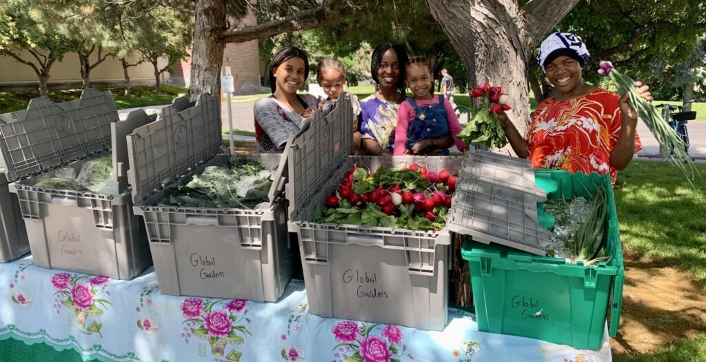 Farmers stand next to bins of produce. 