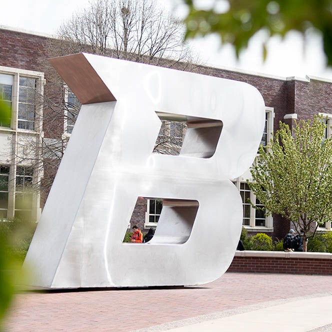 The giant B statue in front of the Boise State Administration Building.