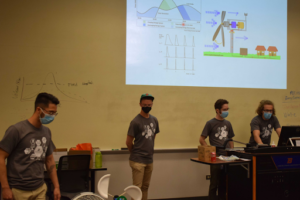 Four people standing in front of a classroom presenting