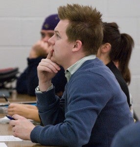 Scott Lowe, classroom, students, COBE, College of Business, cq student listening to a lecture