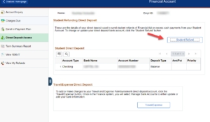 screenshot of student center with orange arrow pointing toward "Student Refund" button.