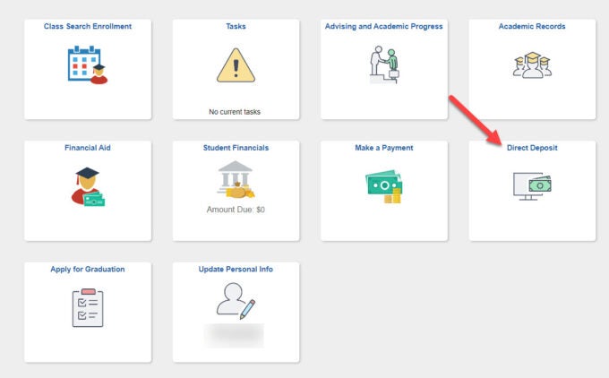 A screenshot of the student center with an orange arrow pointing to the direct deposit tile