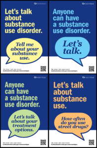 Four posters promoting substance use disorder awareness, treatment options, and conversations about recovery.