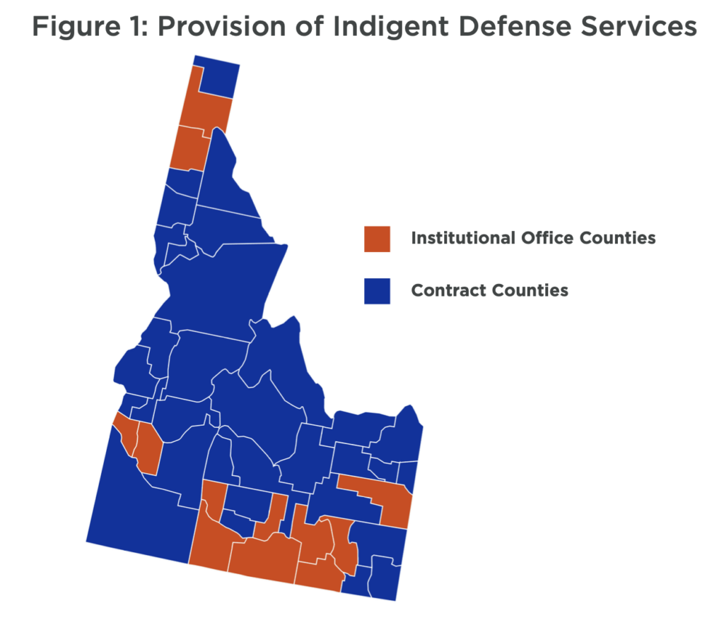 Figure 1: A map of Idaho with contract counties shaded blue and institutional office counties shaded orange.