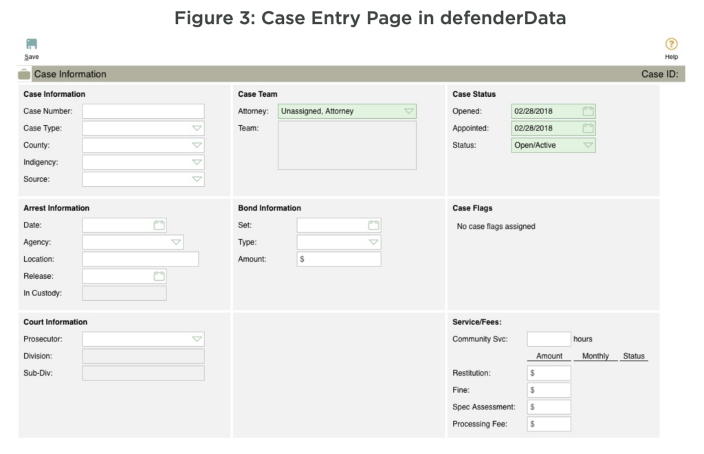 Screenshot of the case entry page in defenderData.