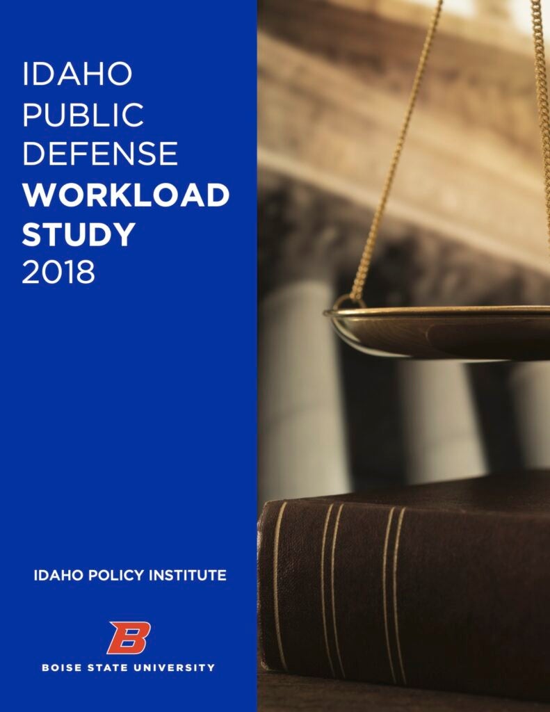 Front page of Idaho Public Defense Workload Study; includes a picture of a book and a scale.