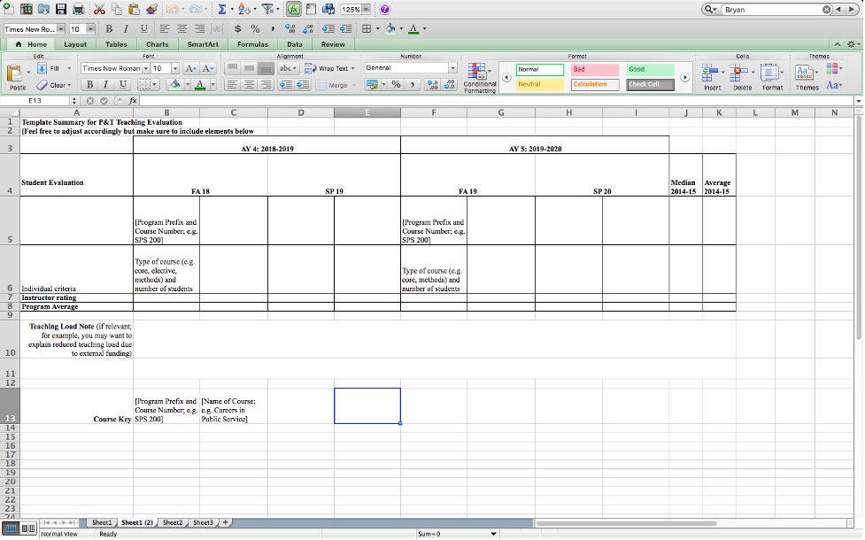 spreadsheet template titled "Template Summary for P&T Teaching Evaluation