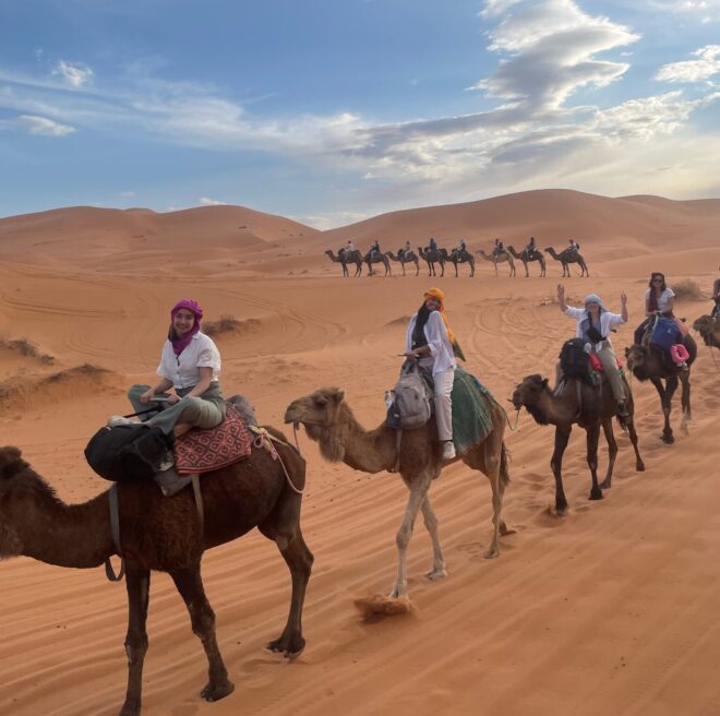 Students riding on camelback through the Sahara desert