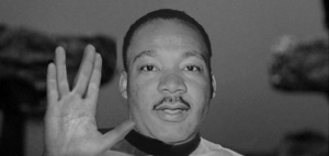King pictured making Star Trek 'Spock' hand gesture.