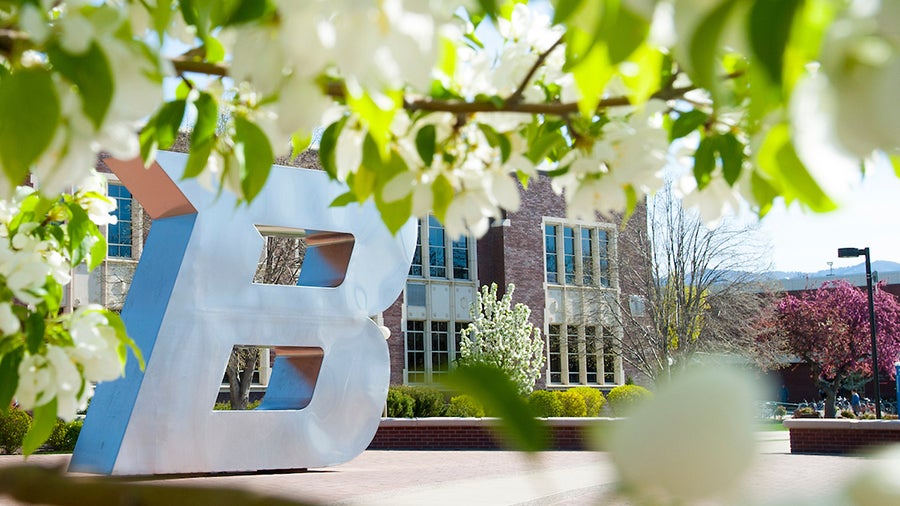Spring time view of the B sculpture