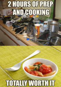 Messy kitchen vs. delicious pasta dish. 2 hours of prep and cooking. Totally worth it