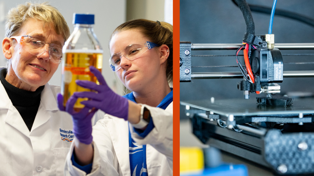 Two researchers in a lab studying liquid in a bottle and 3D printer.