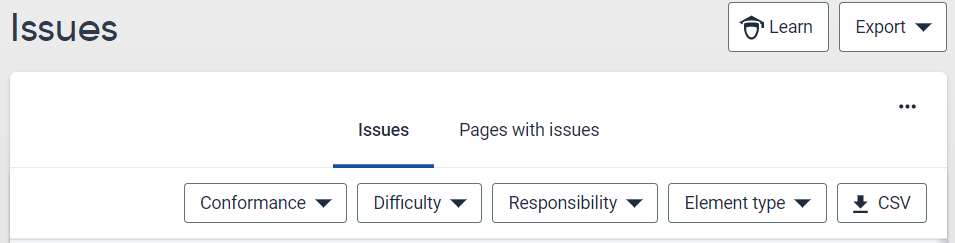 Screenshot of Accessiblity NextGen Issue Filters