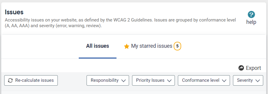 Screenshot of Accessibility Issue Filters