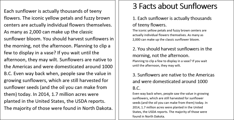 Two pieces of identical text side-by-side, one with headings, one without