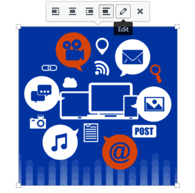 Screenshot of image selected in the text editor, edit and alignment options visible