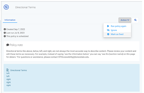 screenshot example of Monsido policy menu action items