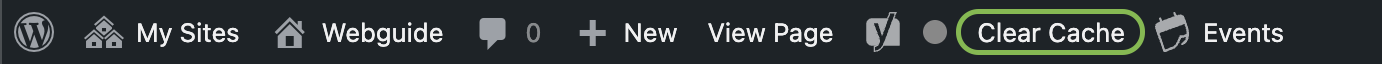 WordPress admin menu with the Clear Cache button highlighted