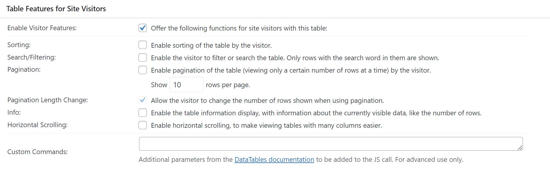 Table Features for Site Visitors menu, full description on page