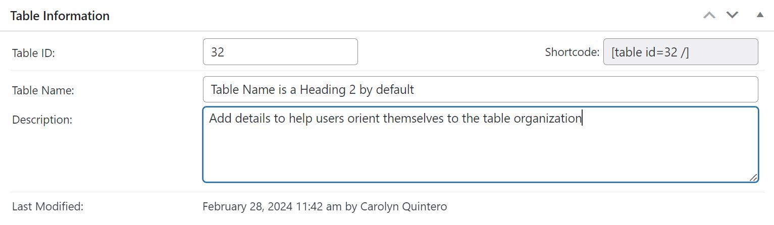 Table Information, full description on page