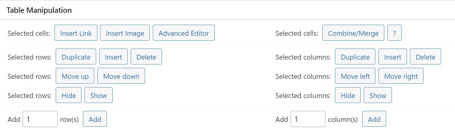 Table Manipulation menu, full description on page