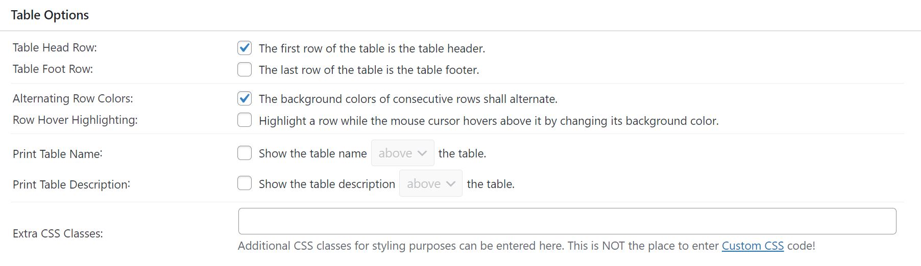Table Options menu, full description on page