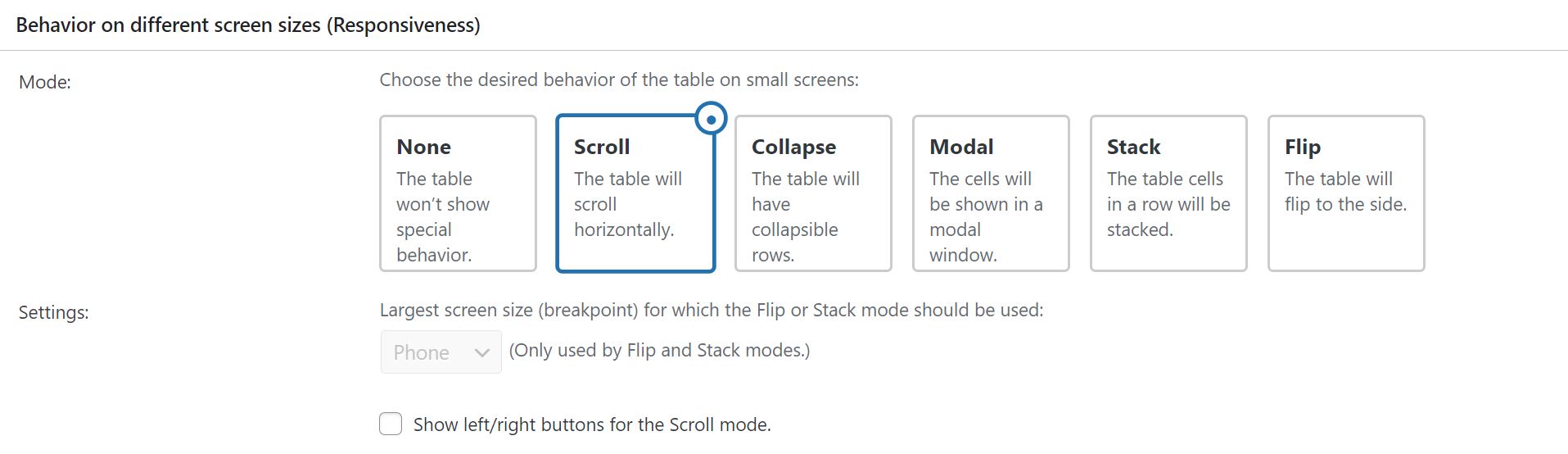 Responsiveness menu, full description on page