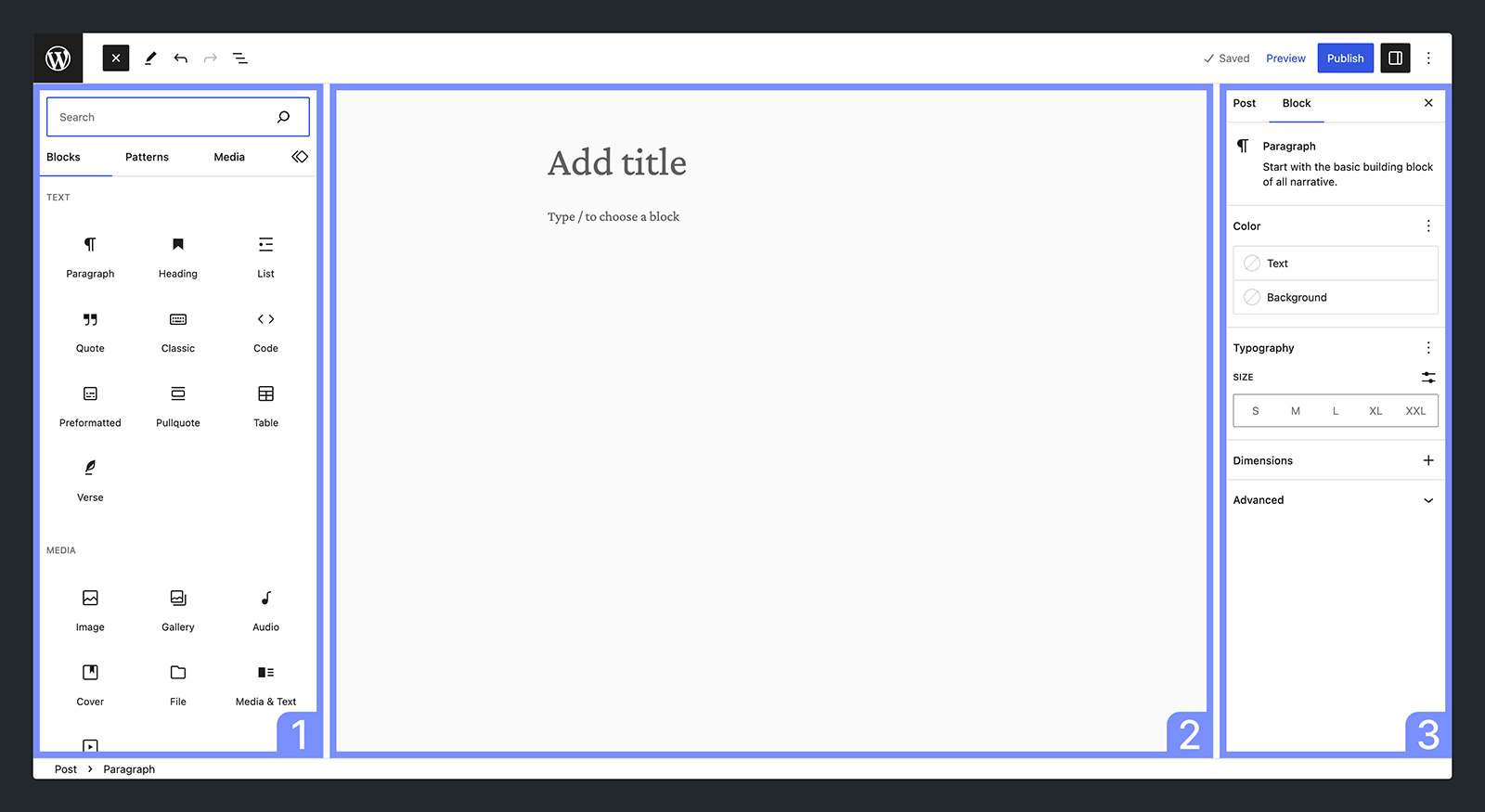 screenshot of the primary Gutenberg editor with the blocks inserter, content canvas, and settings sidebar outlined.