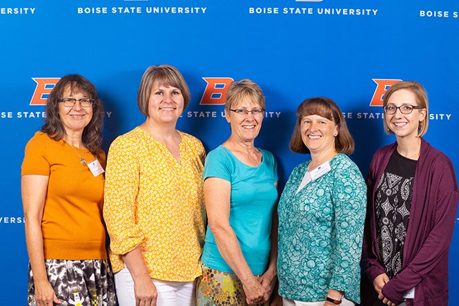 Boise State University Concurrent Enrollment Fall Instructor Training 2019. Heike Henderson (Boise State), Cassie Shelton (Mountain View), Karin Eysel (Kuna High), Tammy VanDam (Rocky Mountain), and Leslie Barnes (Meridian High).