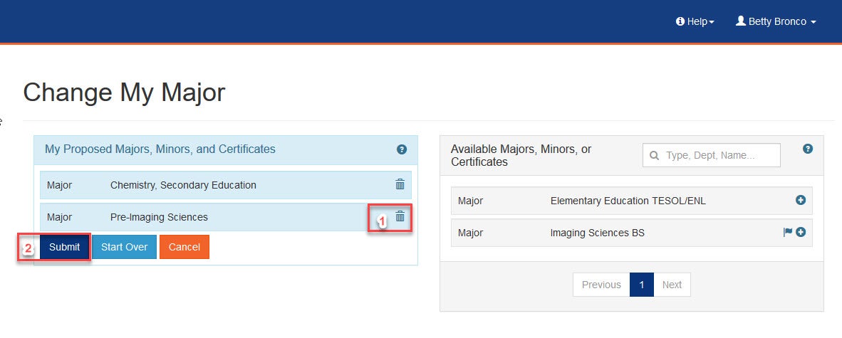 Screenshot of change my major page highlighting location of submit button