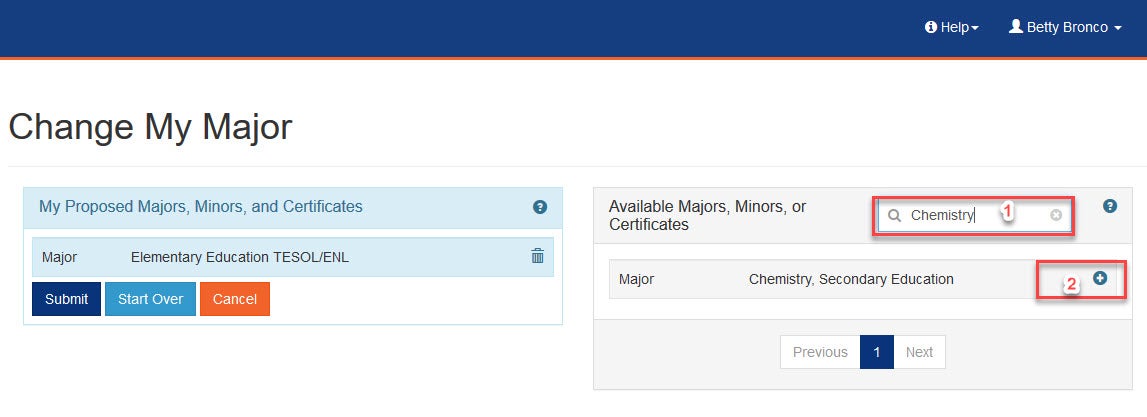 Screenshot of change my major page highlighting where to find the available majors, minors or certificates button