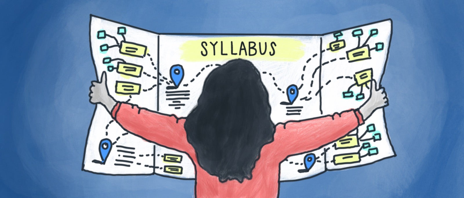 person holding a map like syllabus, illustration