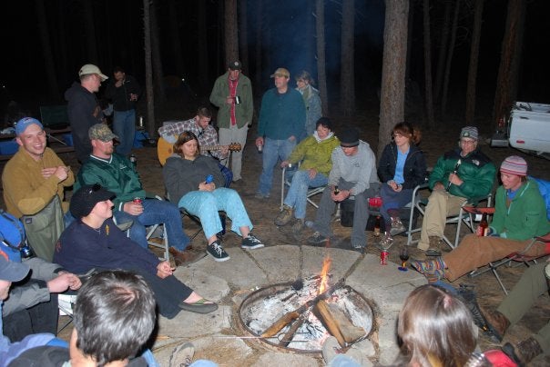 Hanging out around the campfire at Helende Campground during a geomorph trip.