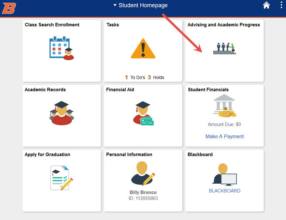 Example of clicking the advising and academic progress link.