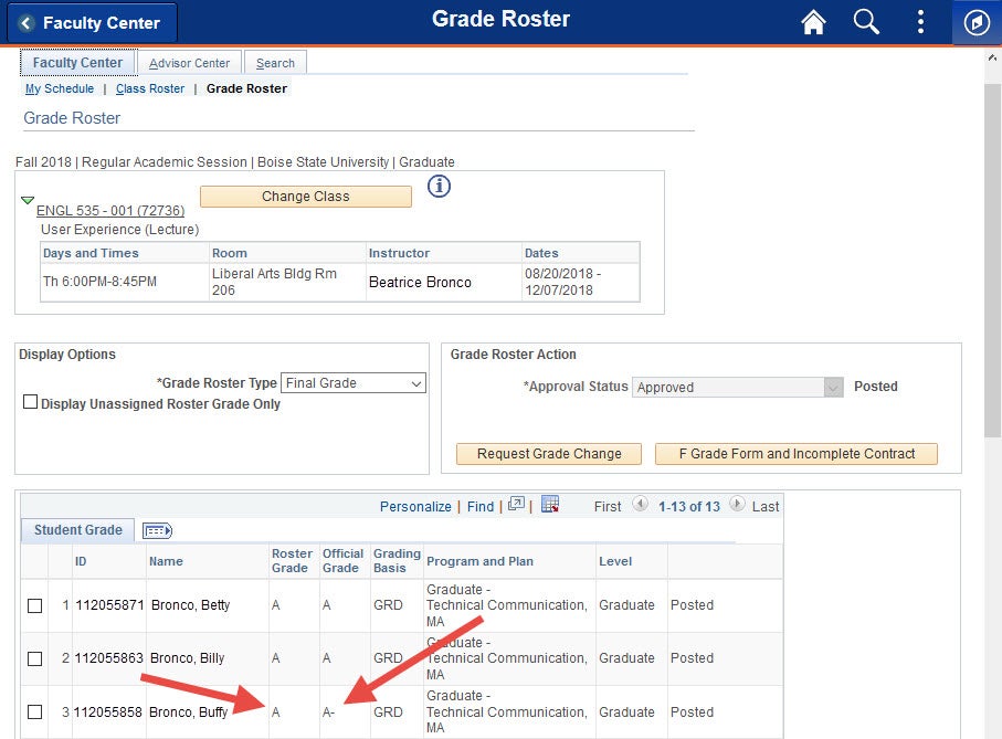 Example of Grade Roster with new Official Grade