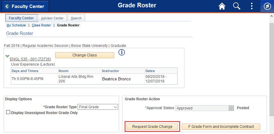 Example of selecting the Request Grade Change button