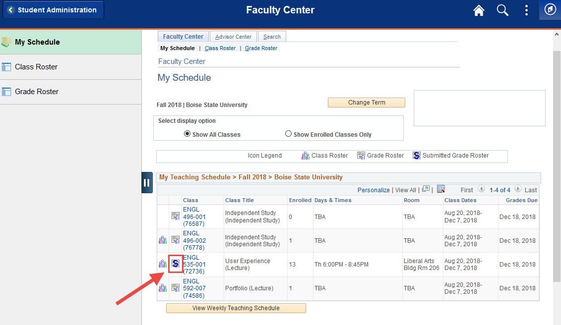 Example of selecting a submitted grade roster icon