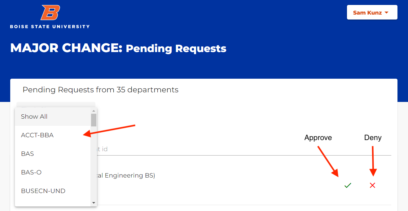 Drop down menu of academic plans with checkmark for approve and X for deny