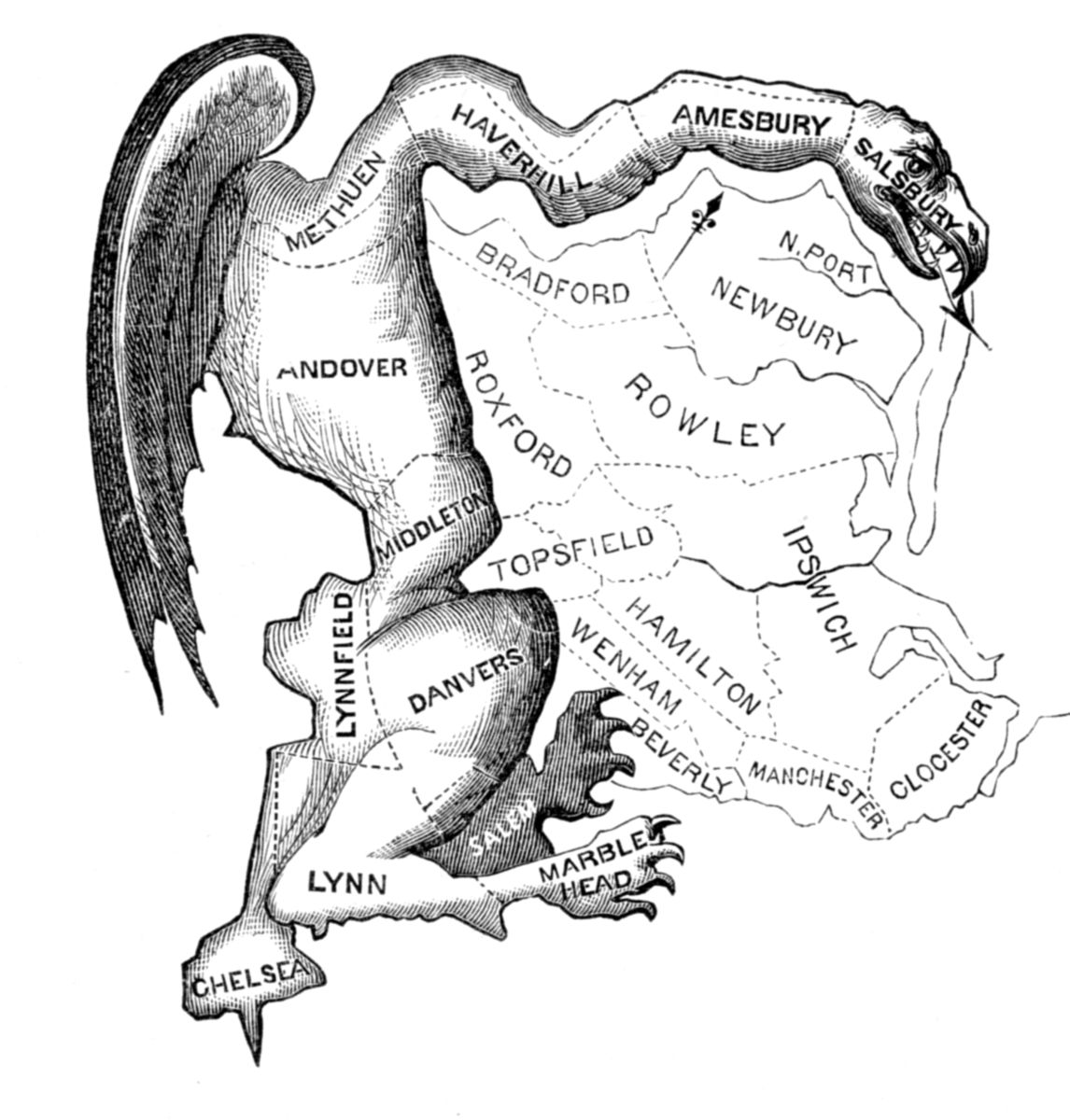 A political cartoon depicting a salamander or dragon-shaped electoral district map, labeled with Massachusetts towns, symbolizing gerrymandering
