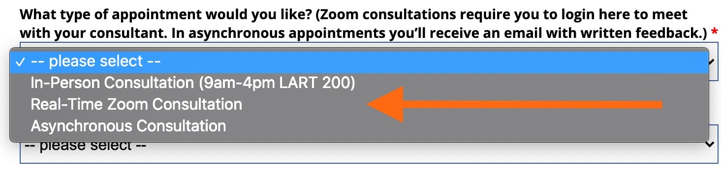 example image of appointment type drop down list