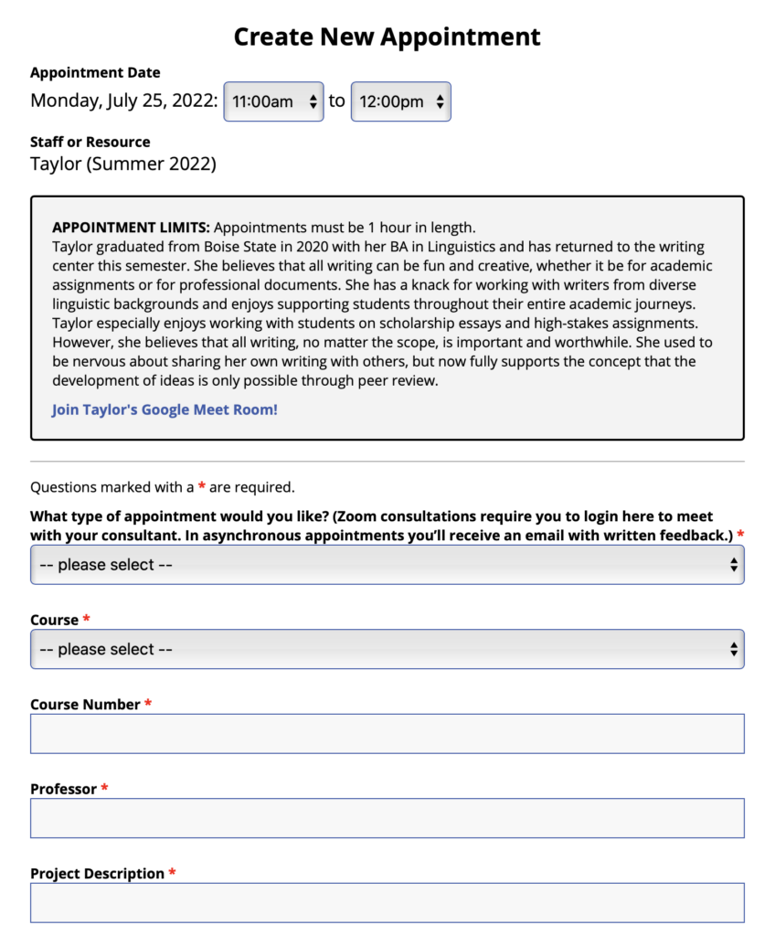 Pictured is an appointment form. The time is listed at the top. Next is the consultant's bio and Zoom link. After that is a series of questions (as described in Step 4).