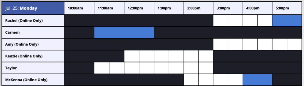 A snapshot of WCOnline, which displays as a table. Consultants' names are listed on the left column, with times (in hours) on the top row. Consultants' availabilities are listed on the table, with each cell representing a 30 minute block.